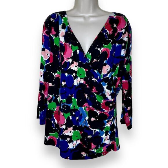 Talbots Black Multi Color Floral Surplice Wrap Top 3/4 Sleeve Women Size Large - Picture 1 of 10
